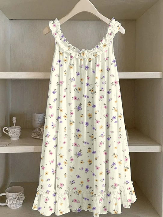 Colorful Floral Pattern Ruffle Linen Dress artswardrobe
