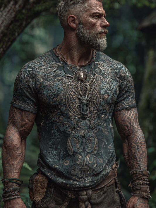 Viking-style Vine Embroidery Round-neck Short-sleeved Shirt artswardrobe