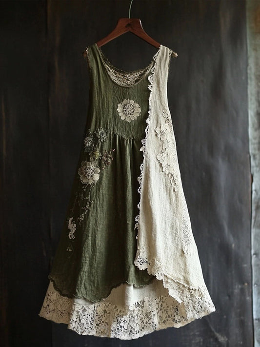 Vintage Floral Lace Patchwork Comfy Linen Tank Dress artswardrobe