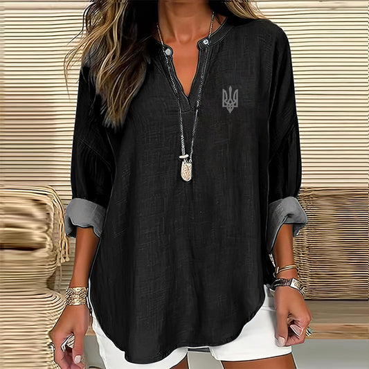 Comstylish Women's Ukraine Trident Print V-neck Long Sleeved Linen Blend Blouse