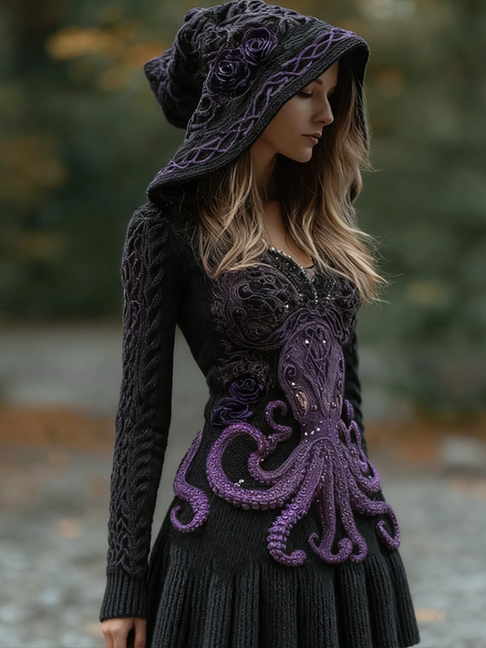 Halloween Variant Octopus Pattern Ladies' Knit Hooded  Dress artswardrobe