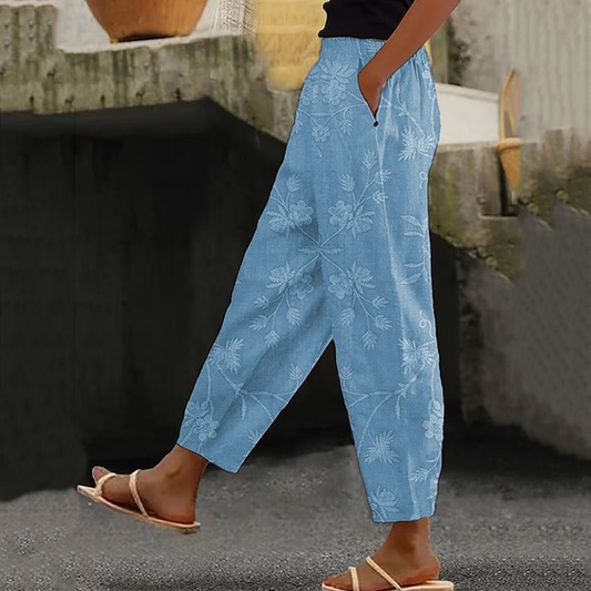 Women's Vintage Floral Art Linen Casual Pants artswardrobe
