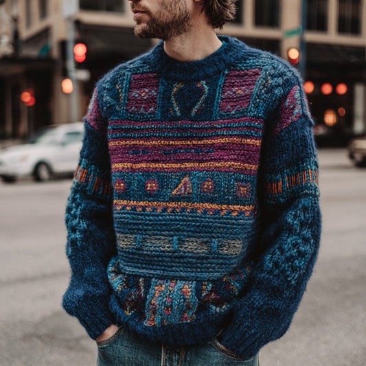 Men's Retro Tribal Geometric Pattern Knit Crew Neck Sweater elevenforest