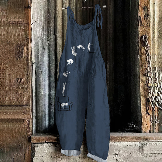 Comstylish Art Cat Print Loose Casual Jumpsuit
