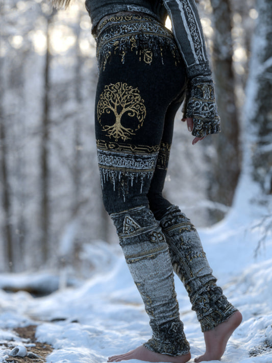 Comstylish Women's Viking Style Gilded Tree Of Life Gradient Knit Art Leggings