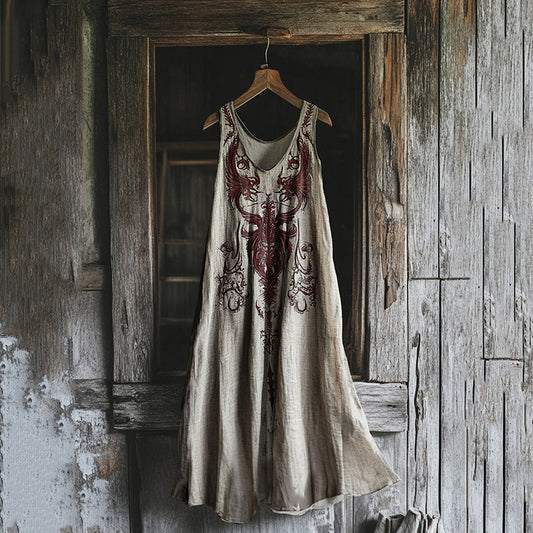 Women's Vintage Viking Dragon Print Cotton And Linen Dress artswardrobe