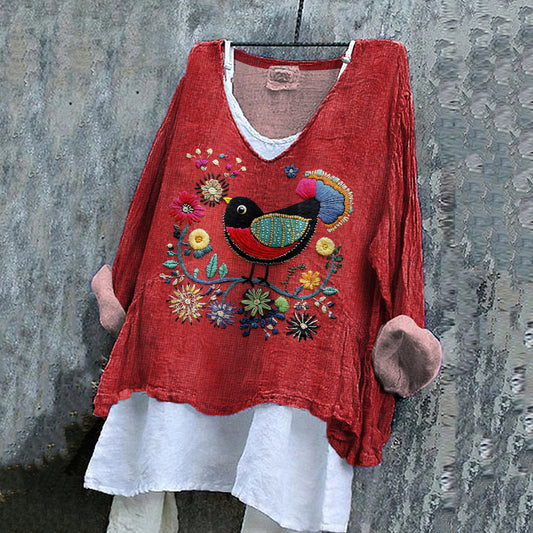 Comstylish Women's Flower And Bird Embroidery Art V-neck Linen Blend Shirt