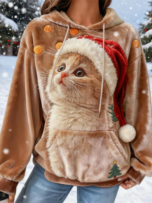 Cute Christmas Cat Embroidered Cozy Plush Hoodie elevenforest