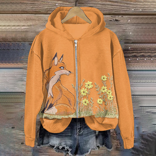 Floral Fox Pattern Cozy Women's Hooded Sweater artswardrobe