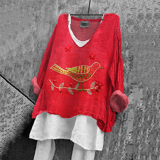 Comstylish Women's Bird & Flower Embroidery Art V-neck Linen Blend Shirt