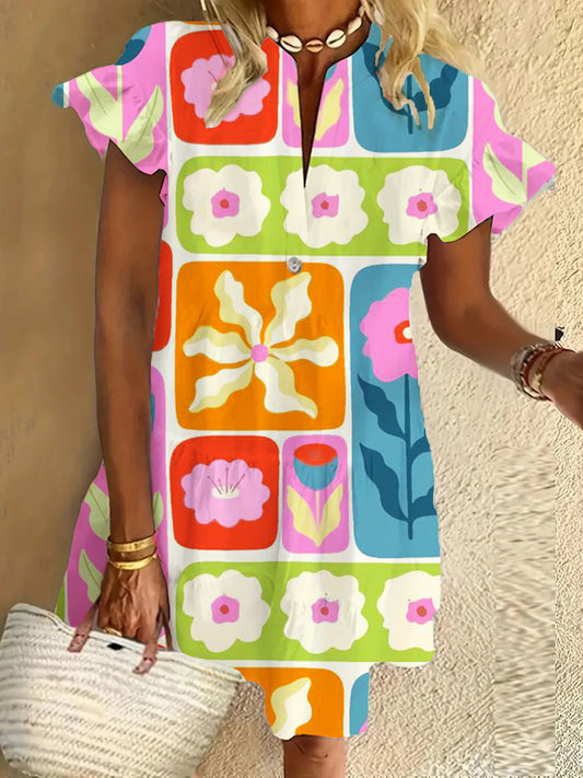 Flower Ruffled Short-sleeved V-neck Buttoned Dress Vacation Beach Dress