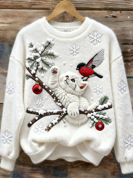 Christmas Cat & Bird Embroidered Women's Soft Plush Sweater elevenforest