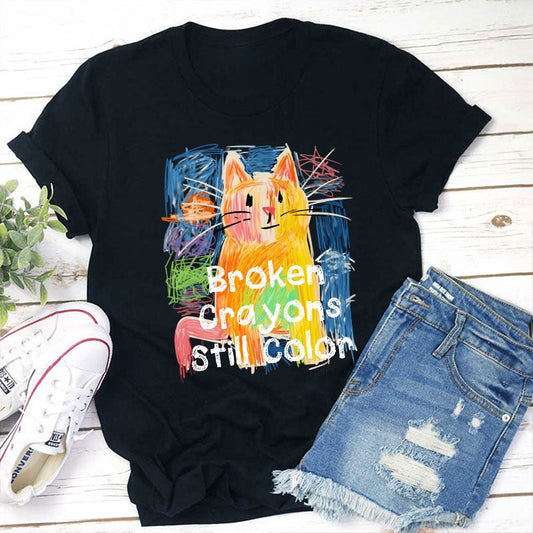 Women's Broken Crayons Still Color Cat Teacher T-shirt elevenforest