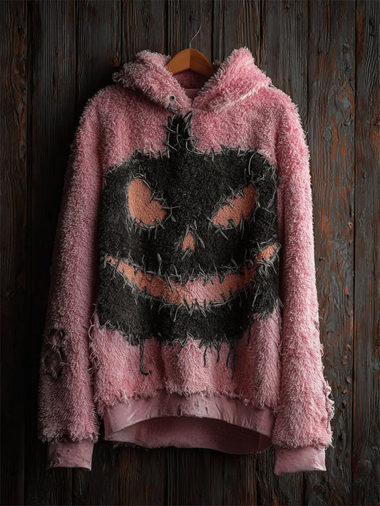 Comstylish Halloween Pumpkin Stitched Cozy Fuzzy Plush Hoodie