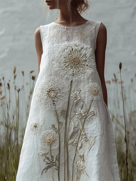 Vintage Classy Dandelion Floral Embroidered Flowy Linen Tank Dress artswardrobe