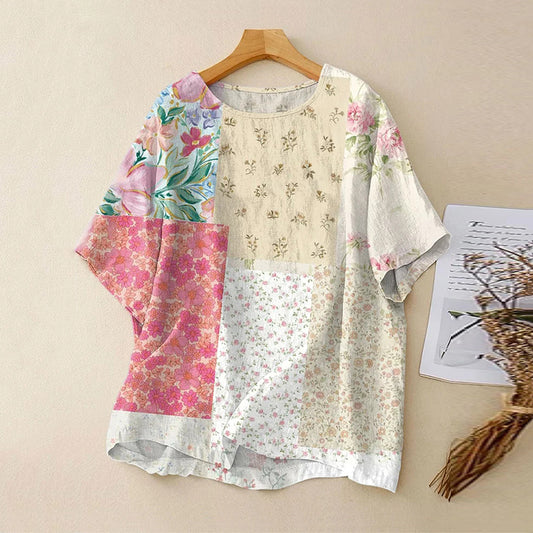 Women's Vintage Floral Art Print Casual Linen Crew Neck T-shirt artswardrobe