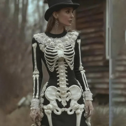 Comstylish Halloween Skeleton Rose Black And White Gothic Dress