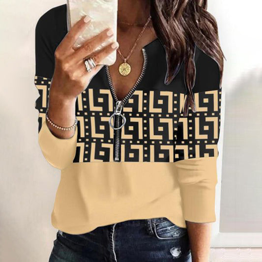 Comstylish Greek Key Contrast Color Casual Zip Sweatshirt