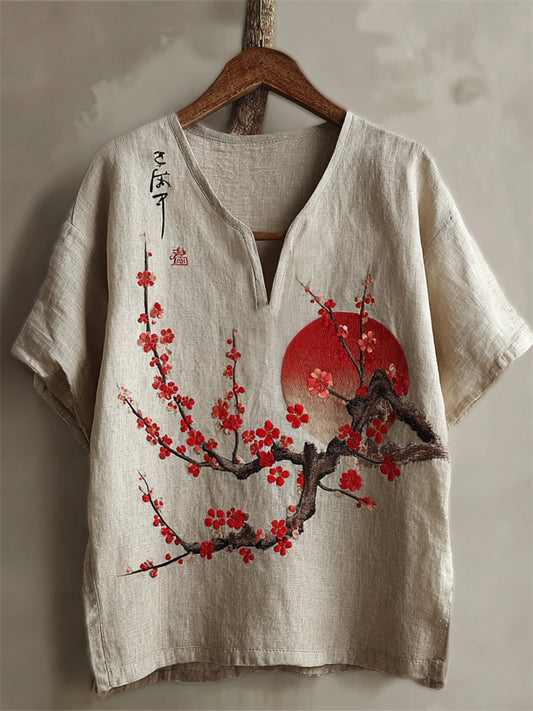 Comstylish Japanese Plum Blossom Sunrise Embroidered Linen Shirt