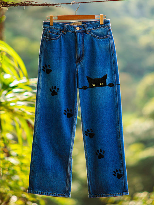 Comstylish Peeking Black Cats Paw Prints Washed Wide Jeans