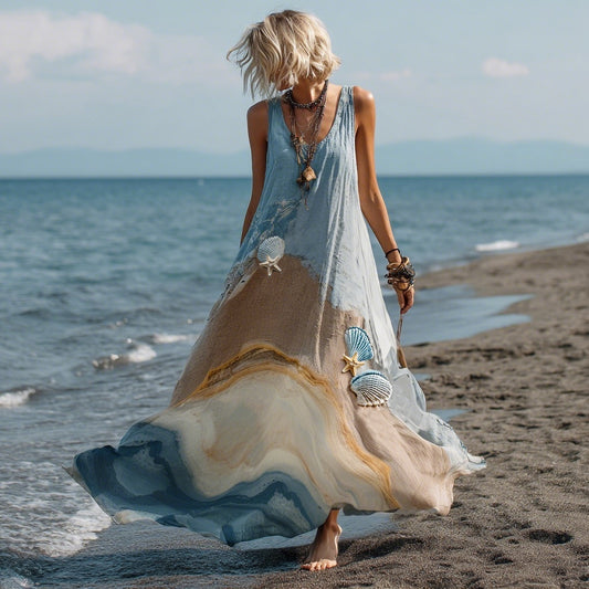 Vintage Marble Texture Collection Inspired By The Ocean Gilded Pattern Linen Maxi Dress artswardrobe