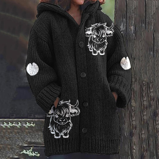 Women's Animal Highland Cow Print Knitted Cardigan artswardrobe