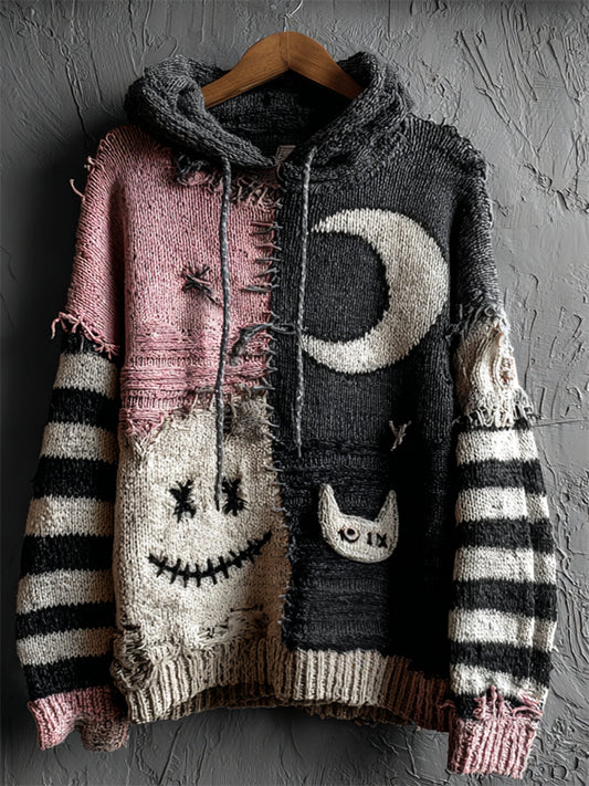 Comstylish Halloween Stitches Face & Cat Moon Contrast Patchwork Cozy Hooded Sweater