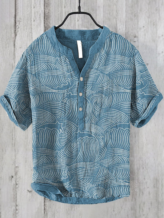 Cats & Waves Pattern Linen Blend Casual Shirt elevenforest