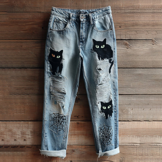 Comstylish Women's Halloween Black Cats And Spiders Embroidery Vintage Washed Jeans