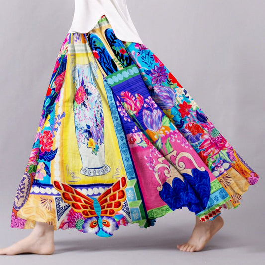 Women's Bohemian Floral Cotton And Linen Skirt artswardrobe