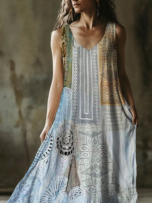Boho Vintage Lace Patchwork Women's Linen Vest Maxi Dress artswardrobe