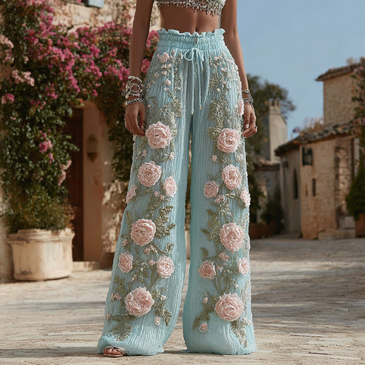 Comstylish Women's Pink Rose Floral Embroidered Linen Blend Casual Pants