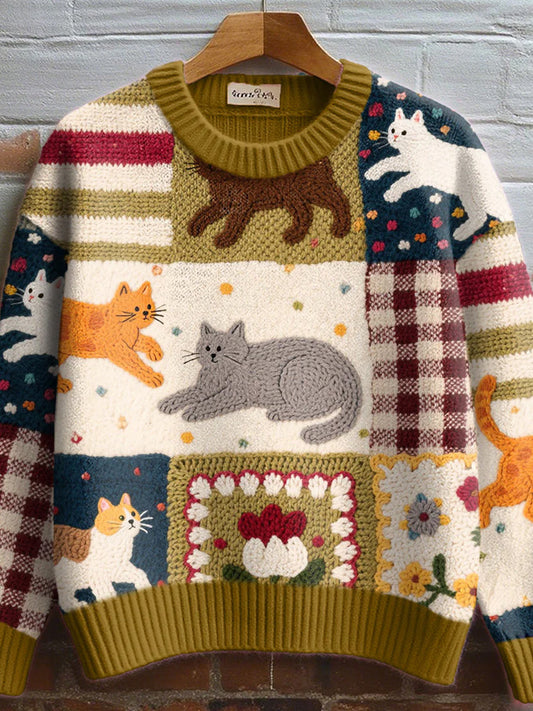 Women's Fall Floral Cat Crochet Pattern Cozy Knit Sweater artswardrobe