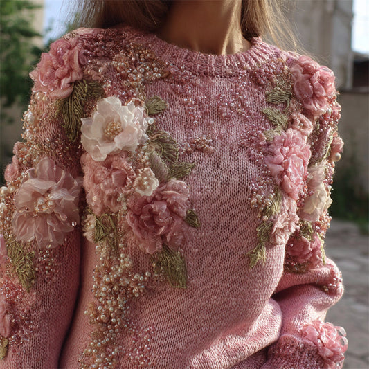 Vintage Flowers Fiber Art Beaded Cozy Knit Sweater elevenforest