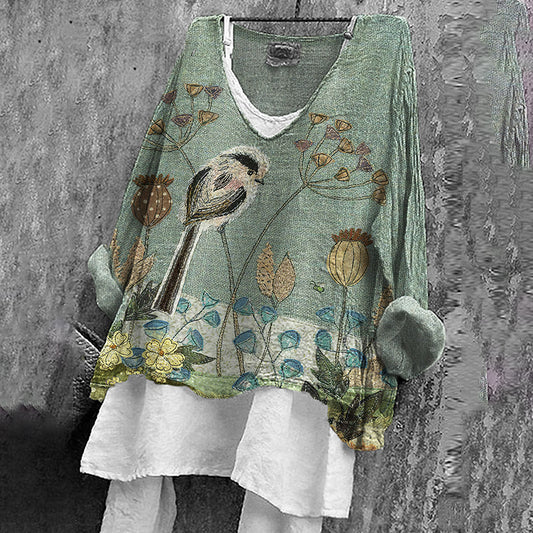 Comstylish Women's Vintage Birds And Floral Pattern Casual Shirt