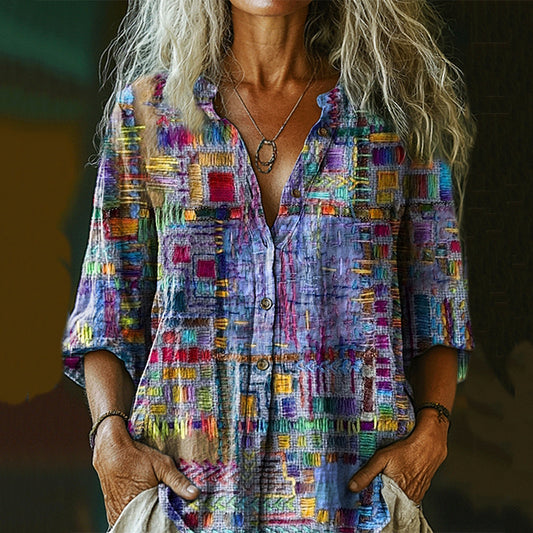 Women's Retro Ethnic Style Patchwork Art Print Casual Cotton And Linen Shirt artswardrobe