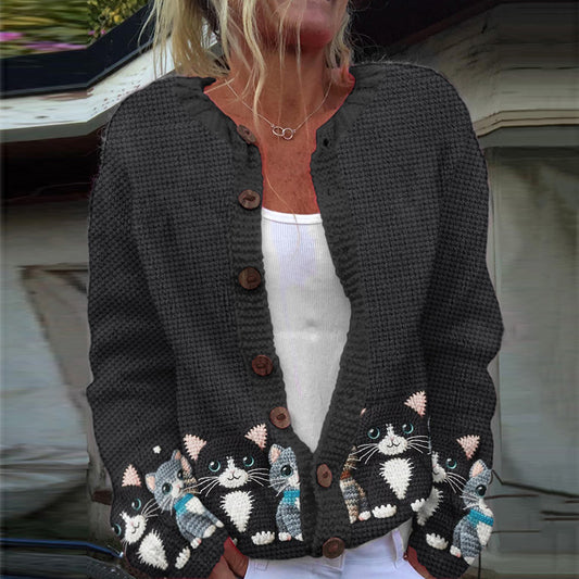 Comstylish Cute Cat Print Long Sleeve Casual Knitted Cardigan