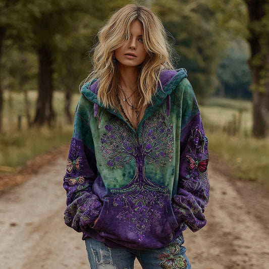 Women's Vintage Viking Tree Of Life Gradient V-neck Casual Hoodie artswardrobe