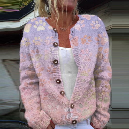 Comstylish Gradient Dog Paw Print Knitted Cardigan