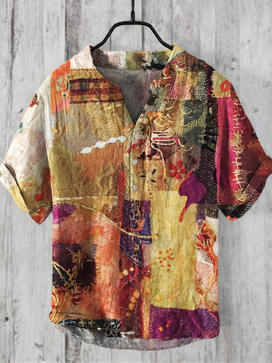 Vintage Boho Floral Patchwork Print Men's Linen V-neck Shirt artswardrobe