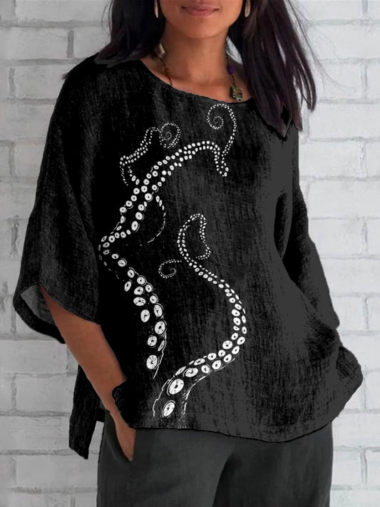 Comstylish Octopus Tentacle Pattern Linen Blend Cozy Tunic