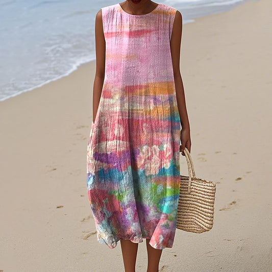 Women's Retro Cancer Awareness Ribbon Art Gradient Style Print Sleeveless Cotton Wrap Dress artswardrobe