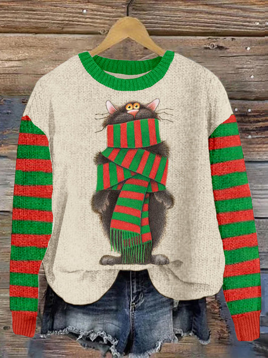 Funny Cat Wrapped In Scarf Pattern Cozy Sweater elevenforest