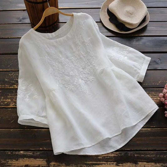 Comstylish Vintage Floral Lace Cotton Linen Casual Shirt