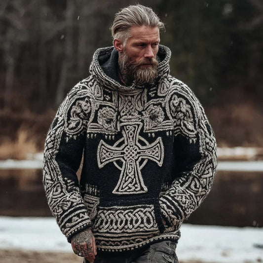Men's Viking Tribal Style Celtic Cross Antique Hooded Sweater artswardrobe