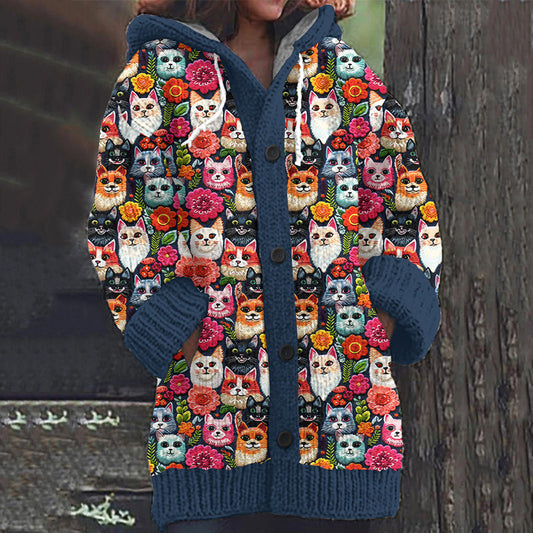 Cute Cats & Flowers Embroidered Pattern Cozy Hooded Knit Sweater elevenforest