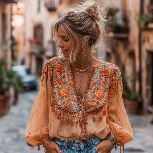 Women's Orange Rose Embroidery Casual V-neck Shirt artswardrobe