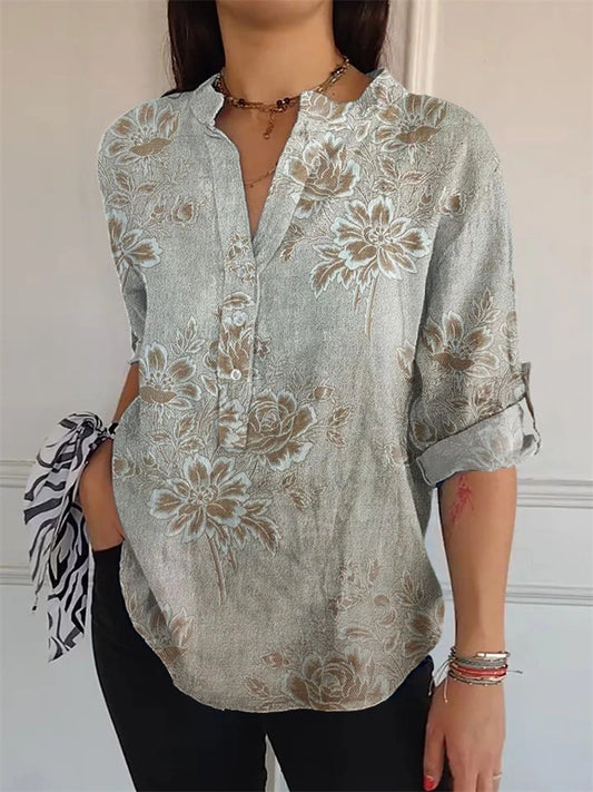 Comstylish Japanese Retro Floral Print Women's Linen Shirt