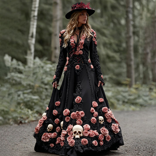 Comstylish Women's Elegant Pink Rose Skull Pattern V-neck Long Sleeve Maxi Dress