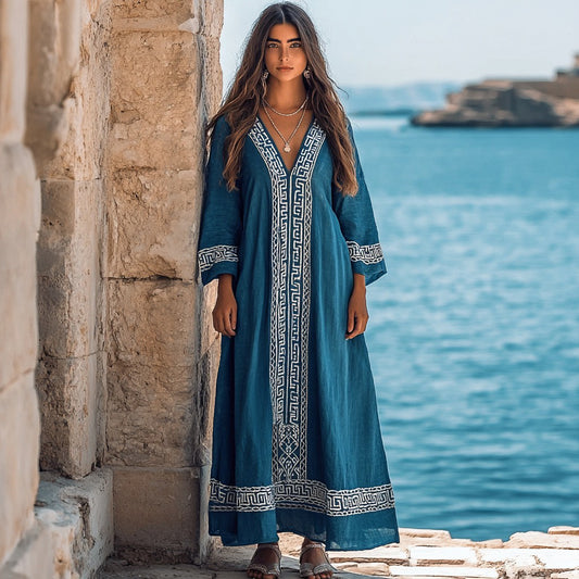 Classic Elegant Greek Key V Neck Linen Blend Maxi Dress artswardrobe